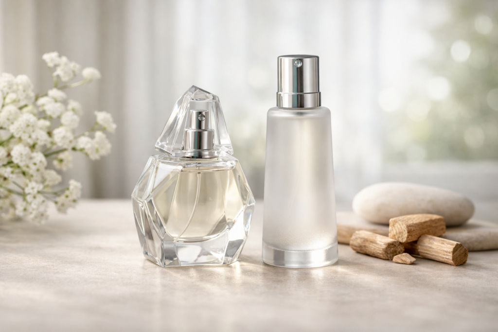 Zestaw flakonów zapachów AVON na toaletce w jasnym wnętrzu