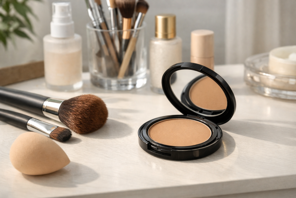 Jasna toaletka i neutralne akcesoria kosmetyczne do testowania bronzera na naturalnym świetle.