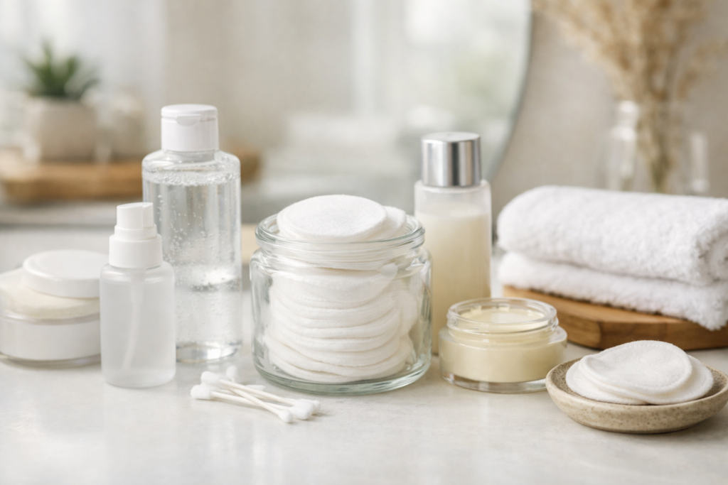 Demakijaż twarzy bez tarcia: czyste akcesoria i delikatne przykładanie płatka kosmetycznego przy zlewie