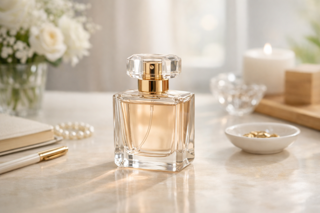 Okładka: perfumy w atomizerze i organizer na toaletce, w jasnym wnętrzu