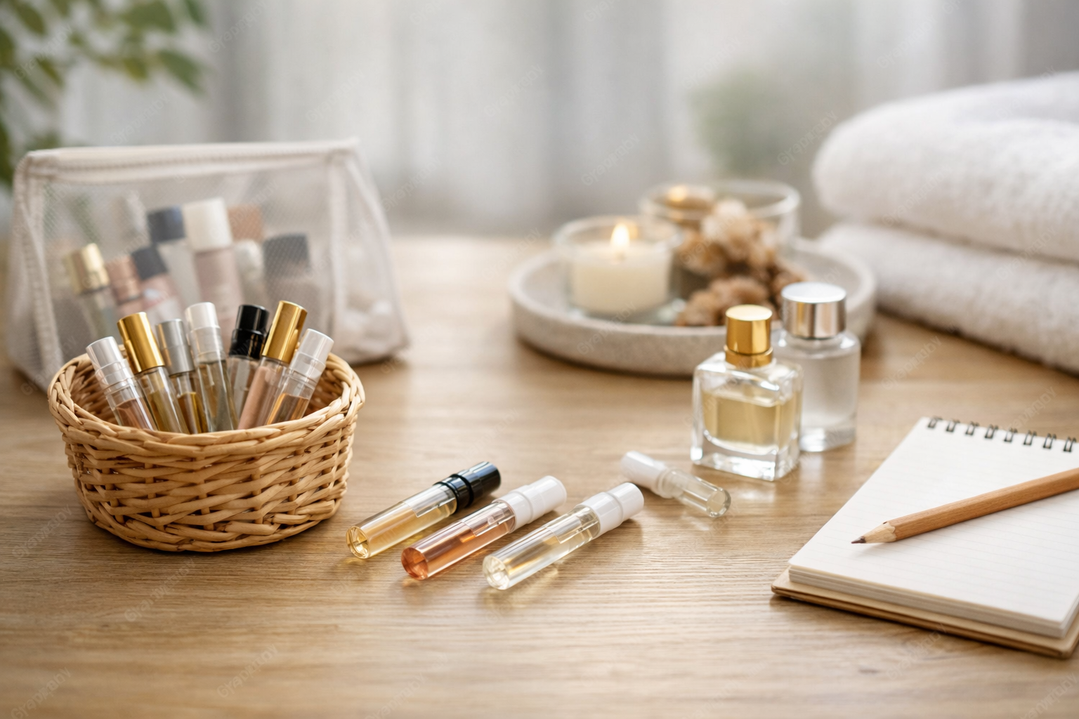 Zestaw perfumetyk i małych odlewek perfum na toaletce obok kosmetyczki, jako neutralna ilustracja testowania zapachów.