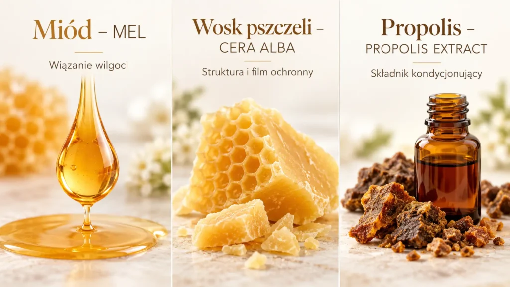Porównanie oznaczeń INCI: Mel, Cera Alba i Propolis Extract