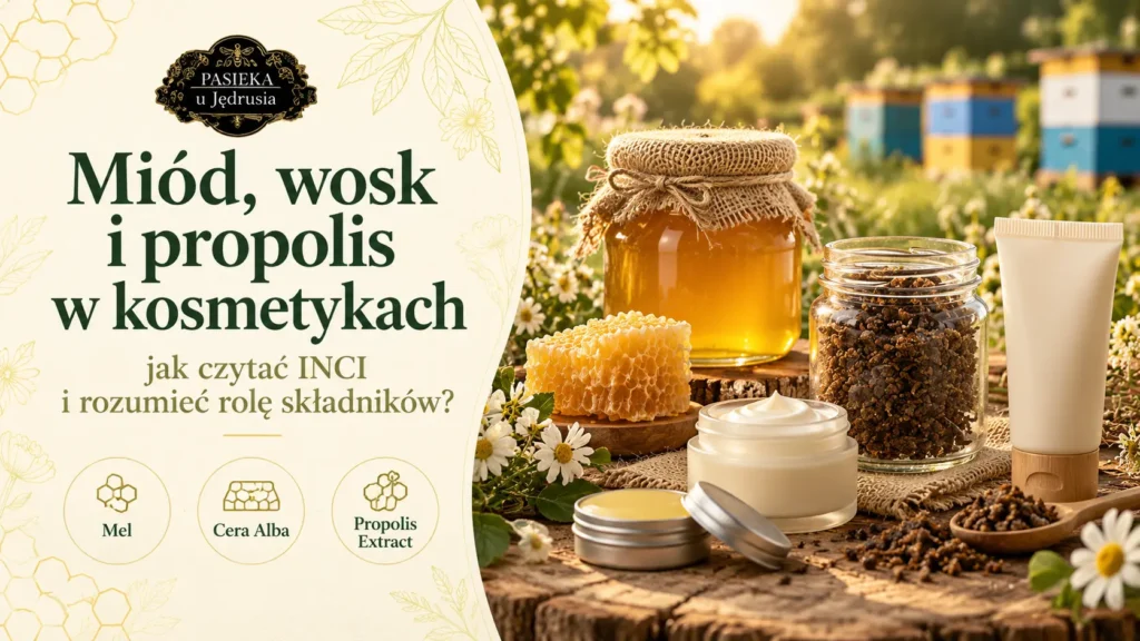 Miód, wosk pszczeli i propolis obok kremu i neutralnych opakowań kosmetycznych na tle pasieki