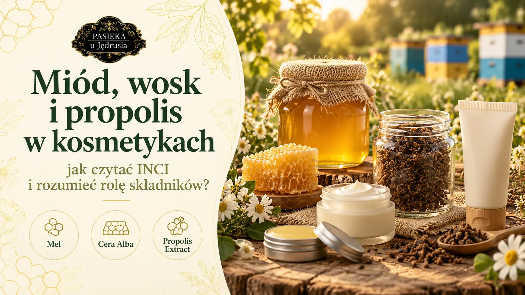 Miód, wosk pszczeli i propolis obok kremu i neutralnych opakowań kosmetycznych na tle pasieki
