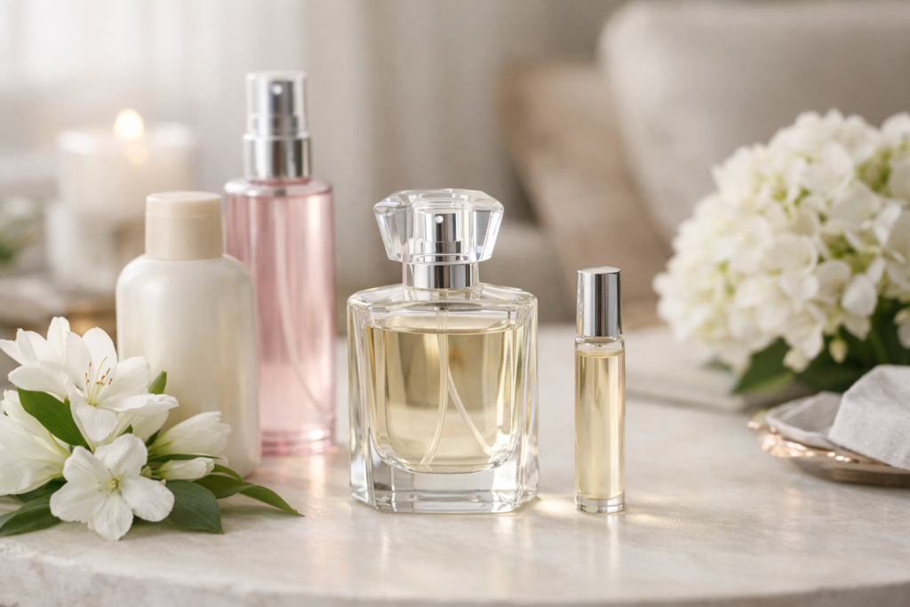 Zestaw kosmetyków zapachowych na toaletce: perfumetki, balsam i mgiełka w neutralnych opakowaniach